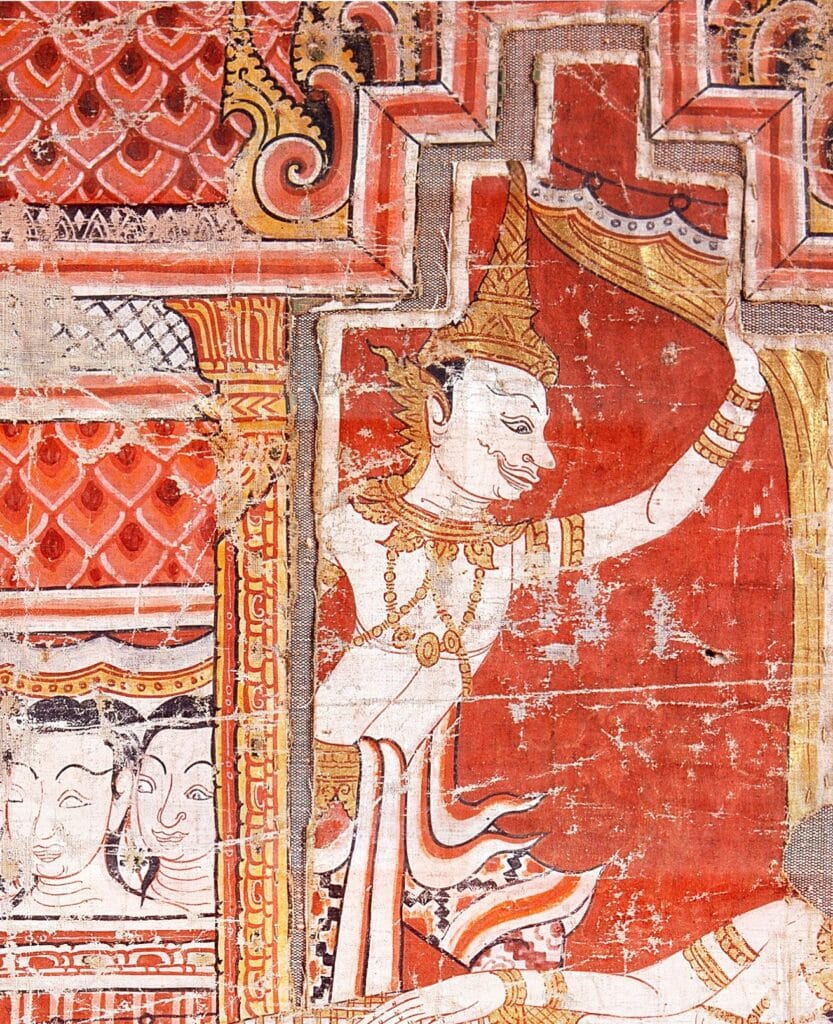 Read more about the article ชวนชมบางส่วนของผ้าพระบฎ (?) สมัยอยุธยาตอนปลายแสดงฉากราตรีที่พระโพธิสัตว์กำลังจะออกมหาภิเนษกรมณ์ จาก อ.ไชยา จ.สุราษฎร์ธานี